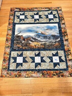 Soaring Eagles Quilt Throw Handmade Signed Rustic Cabin 71”x56”
